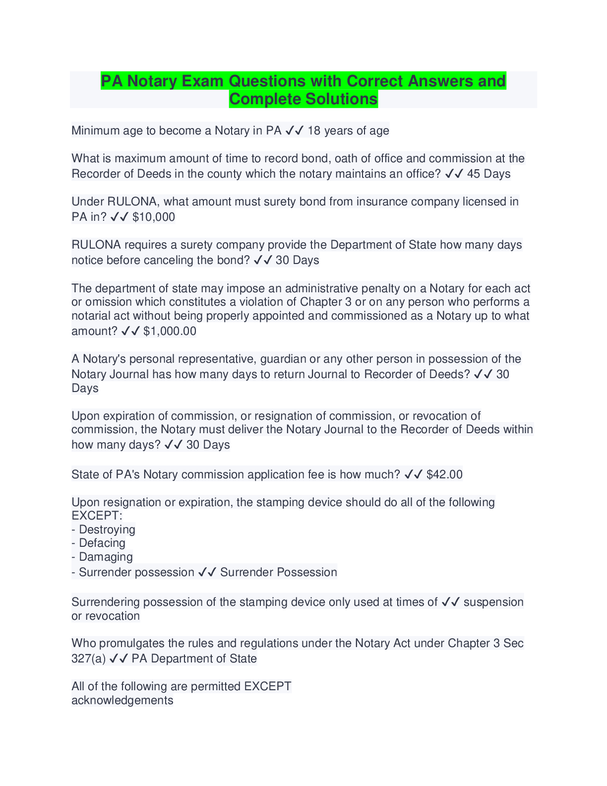 PA Notary Exam Questions with Correct Answers and Complete Solutions